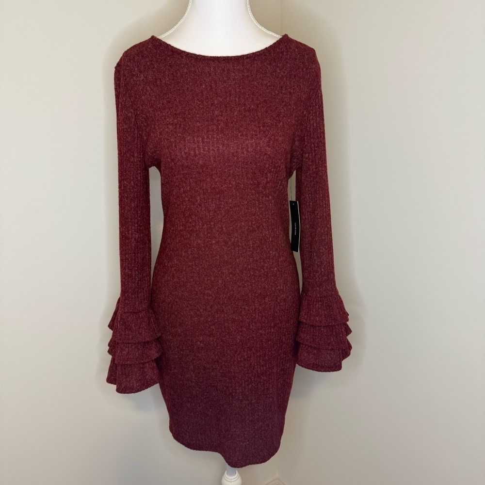 Lulu's Burgundy Long Sleeve Dress with Ruffle Cuffs - NWT